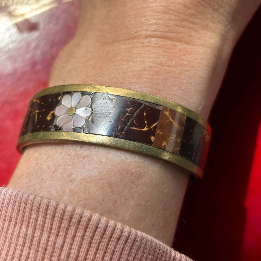 Alpaca Silver Cuff Bracelet with Coconut Shell and Mother of Pearl Flower Inlay